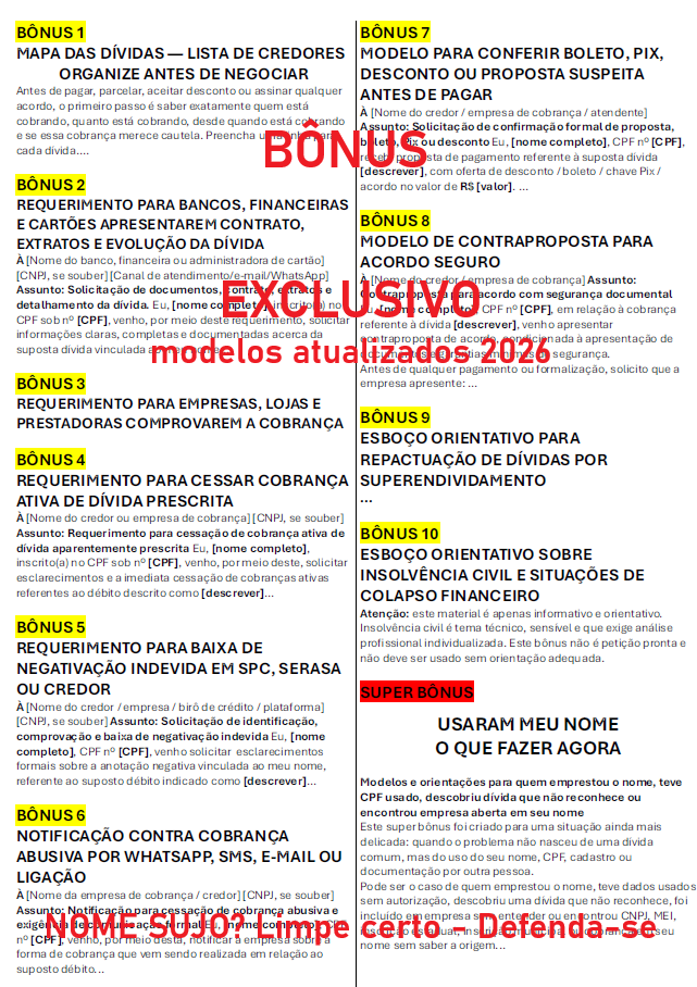 Imagem com os nomes dos bônus copie e cole